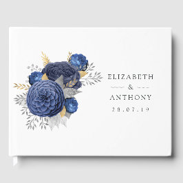 Livro De Visitas Casamento Floral Azul Marinho, Dourado e Prata