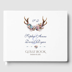 Livro De Visitas Casamento Floral Azul Rosa-Dusty