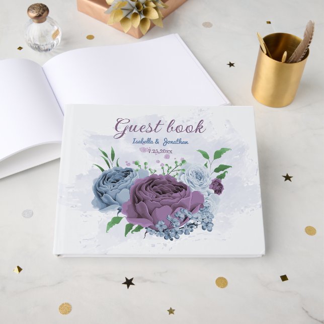 Livro De Visitas Casamento floral azul roxo (Frente aberta)