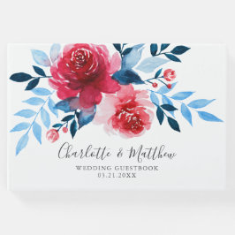 Livro De Visitas Casamento Floral Azul Vermelho Moderno com Aquarel
