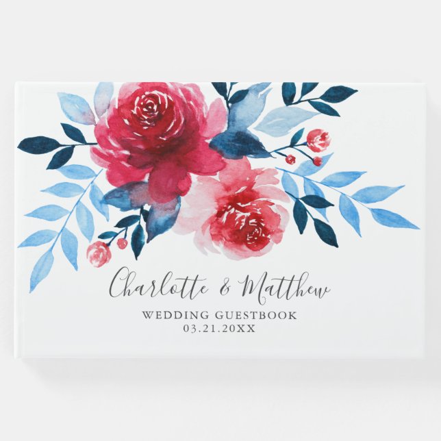 Livro De Visitas Casamento Floral Azul Vermelho Moderno com Aquarel (Frente)
