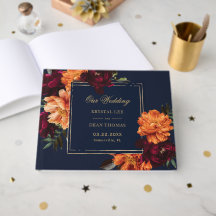Casamento Floral Bege Laranja Azul-Marinho Escuro