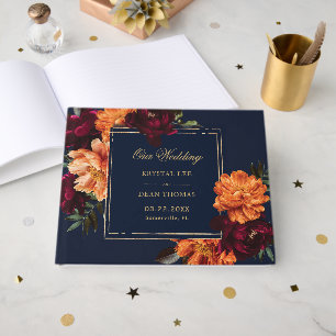 Livro De Visitas Casamento Floral Bege Laranja Azul-Marinho Escuro