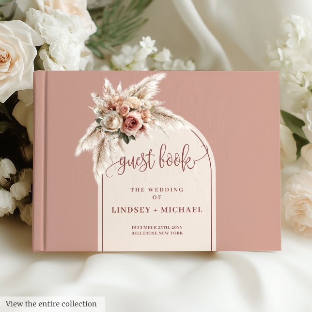 Livro De Visitas Casamento Floral Boho, Rosa-Rosa-Cinzento, Quente (Whimsical Dusty Pink Pampas Floral Boho Wedding Guest Book)