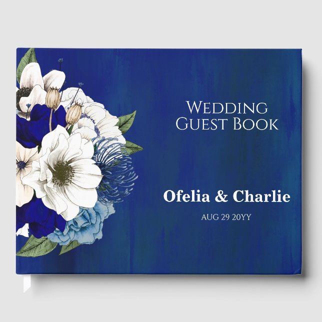 Livro De Visitas Casamento Floral Branco Azul de Cobalto Moderno (Frente)