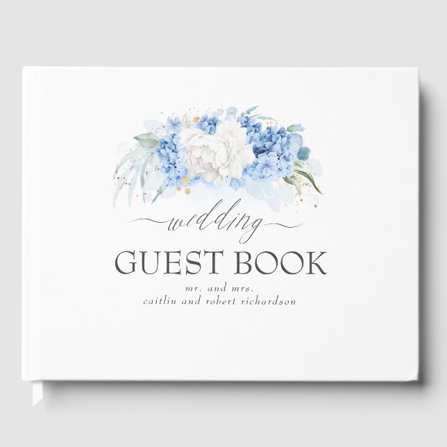 Livro De Visitas Casamento Floral Branco e Azul Dusty (Frente)