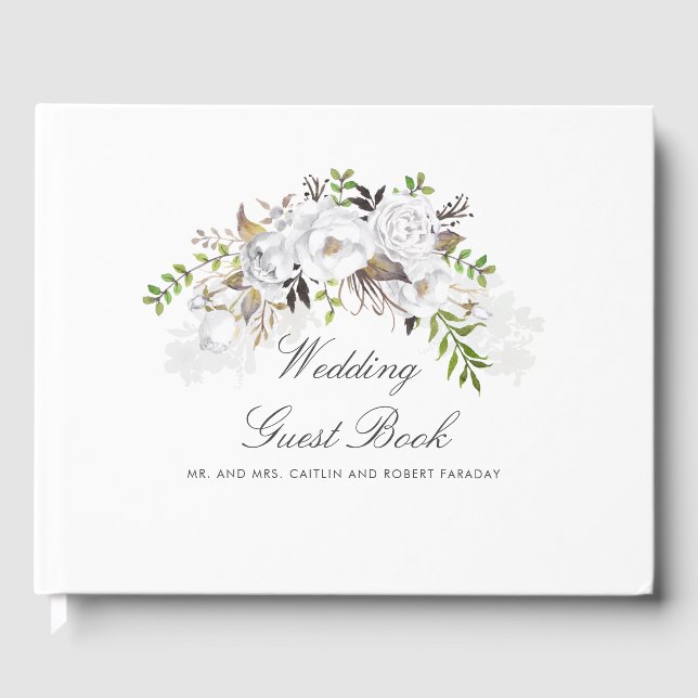 Livro De Visitas Casamento Floral Branco e Dourado (Frente)