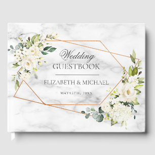 Livro De Visitas Casamento floral branco geométrico de mármore de