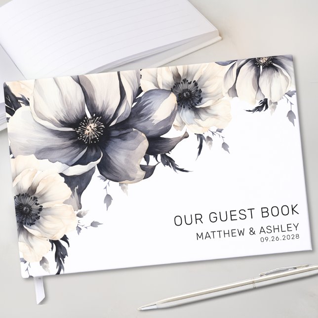 Livro De Visitas Casamento Floral Branco Negro Moderno Boho (Elegant Modern Boho Floral Black White Wedding Guest Book)