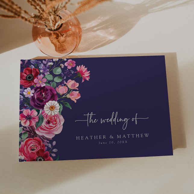 Livro De Visitas Casamento Floral Colorido (Colorful Navy Blue Watercolor Floral Wedding Guest Book by Painted Paperie
)