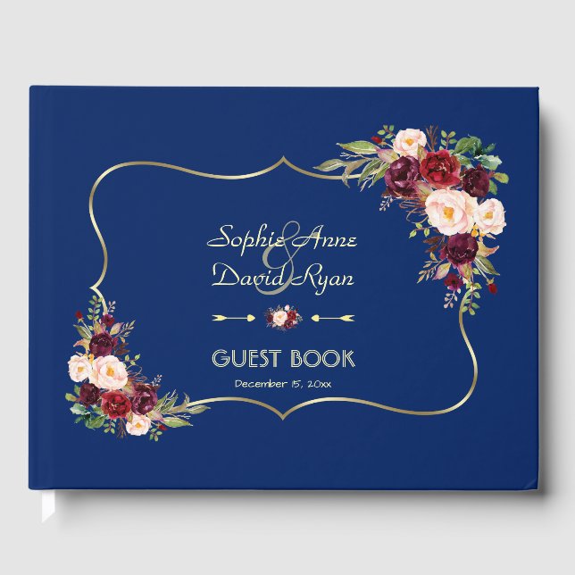 Livro De Visitas Casamento Floral da Borgonha Marinho Real Azul (Frente)