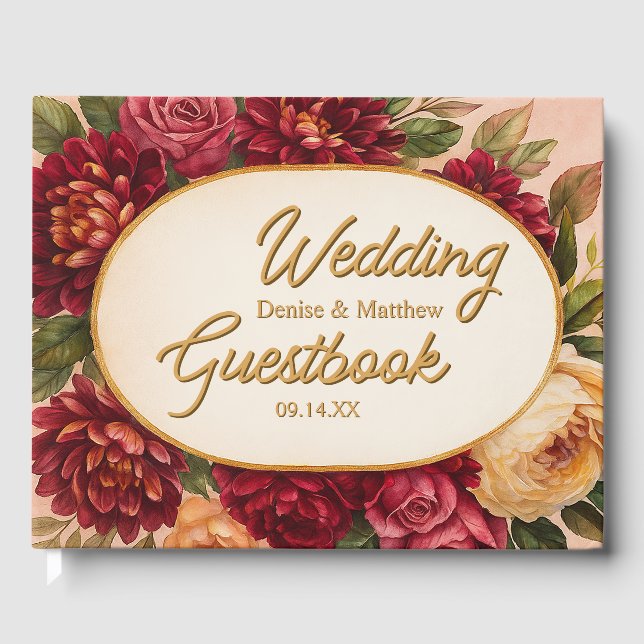 Livro De Visitas Casamento Floral de Aquarelas Blush Burgundy (Frente)