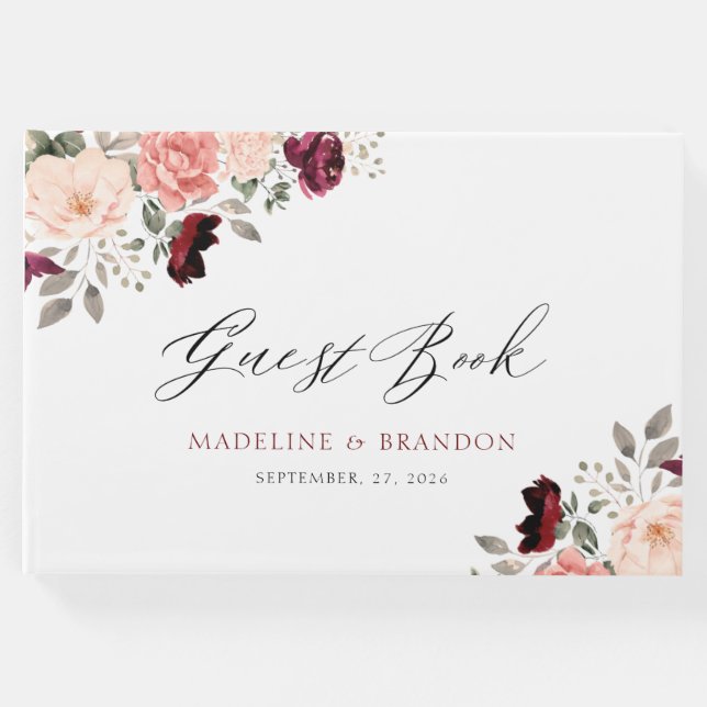 Livro De Visitas Casamento Floral de Blush Burgundy Personalizável (Frente)