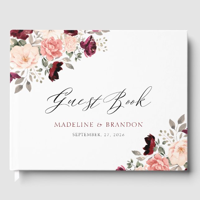 Livro De Visitas Casamento Floral de Blush Burgundy Personalizável (Frente)