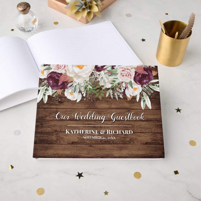 Livro De Visitas Casamento Floral de Blush Watercolor (Frente aberta)