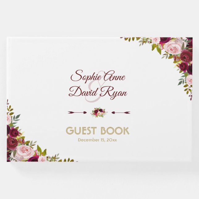 Livro De Visitas Casamento Floral de Borgonha Chic Fall Marsala (Frente)