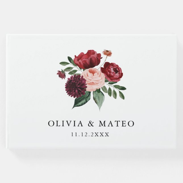 Livro De Visitas Casamento floral de Borgonha e Blush (Frente)