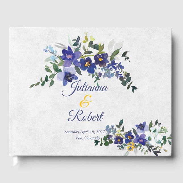 Livro De Visitas Casamento floral de cor azul e amarela (Frente)