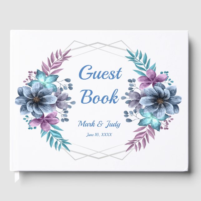 Livro De Visitas Casamento Floral De Cor Azul E Púrpura (Frente)