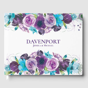 Livro De Visitas Casamento Floral de Cor Azul Roxo Elegante