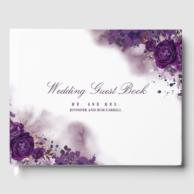 Livro De Visitas Casamento Floral de EggPlant Purple (Frente)