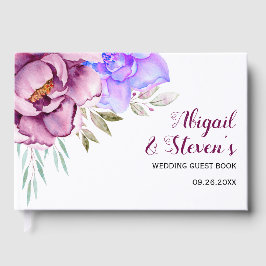 Livro De Visitas Casamento floral de flores de aquarela púrpura, az