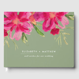 Livro De Visitas Casamento Floral de Fuchsia Green Watercolor