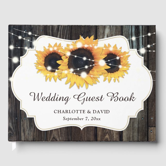Livro De Visitas Casamento Floral de Girassol de Madeira Rústica (Frente)