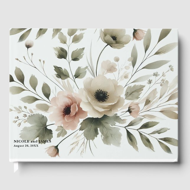 Livro De Visitas Casamento Floral de Khaki Olive Green (Frente)
