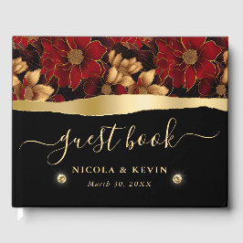 Livro De Visitas Casamento Floral de Mármore Vermelho Preto e Doura