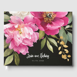 Livro De Visitas Casamento Floral de Peony Floral, Cor Rosa e Branc