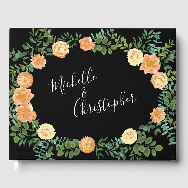 Livro De Visitas Casamento Floral de Pêssego e Peônia Preta e Rosa (Frente)