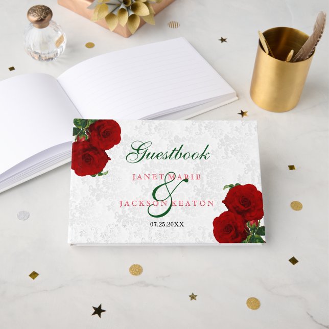 Livro De Visitas Casamento Floral de Rosa vermelha Profunda - Guest (Frente aberta)