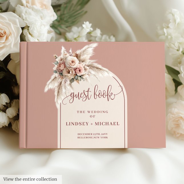 Livro De Visitas Casamento Floral do Arco Rosa Rosa Rosa Rosa-Rosa- (Stylish Dusty Pink Rose Pampas Arch Floral Wedding Guest Book)