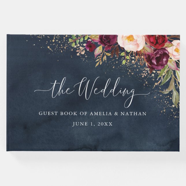 Livro De Visitas Casamento Floral do Marinho de Poeira Dourada (Frente)