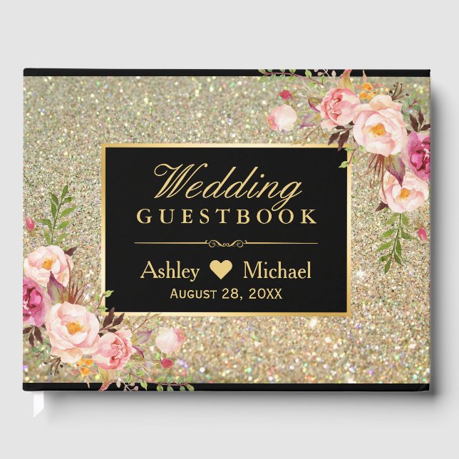 Livro De Visitas Casamento Floral Dourado com Brilhantes Pretos (Frente)