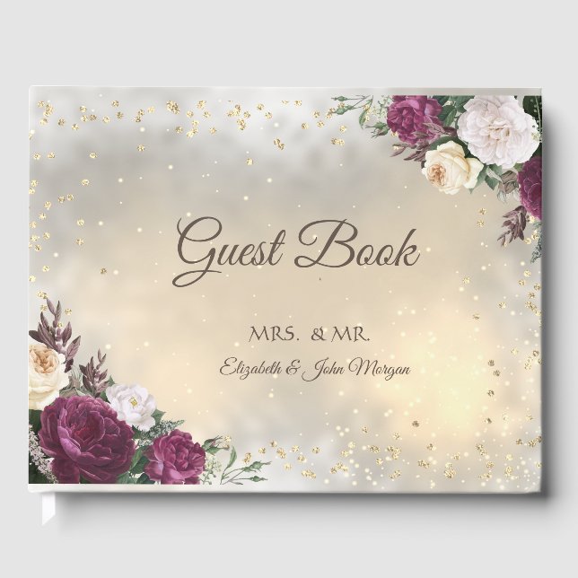 Livro De Visitas Casamento Floral Dourado de Ouros Burgundy (Frente)