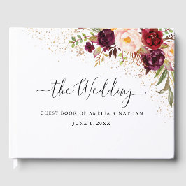 Livro De Visitas Casamento Floral Dourado de Poeira Burgundy