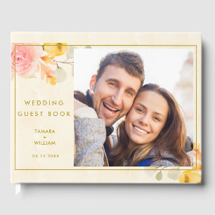 Livro De Visitas Casamento Floral Dourado de Watercolor Foto Elegan