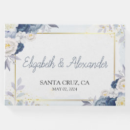 Livro De Visitas Casamento Floral Dourado e Azul Elegante