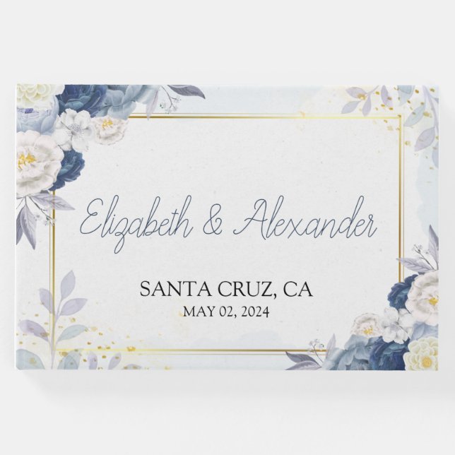 Livro De Visitas Casamento Floral Dourado e Azul Elegante (Frente)