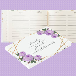 Livro De Visitas Casamento Floral Dourado Elegante Geo Purple