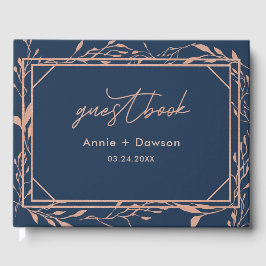 Livro De Visitas Casamento Floral Elegante em Azul Naval e Dourado
