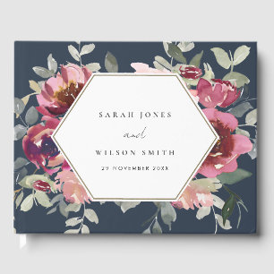 Livro De Visitas CASAMENTO FLORAL EM Aquarela NAVY BEGE BORDÔ