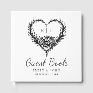 Livro De Visitas Casamento Floral em Preto e Branco Desenhado à Mão