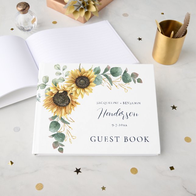 Livro De Visitas Casamento Floral Girassol Eucalipto Script (Frente aberta)