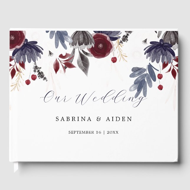 Livro De Visitas Casamento Floral Gótico Vermelho marinho Azul Borg (Frente)