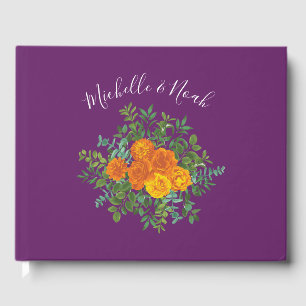 Livro De Visitas Casamento Floral Laranja e Roxo Ameixa Peônia e Ro