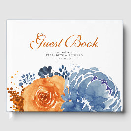 Livro De Visitas Casamento Floral marinho Azul Laranja Queimado Que