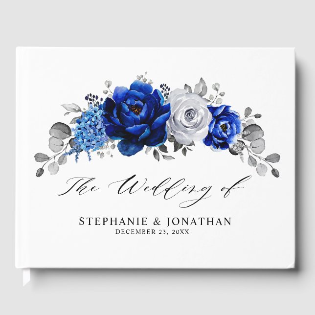 Livro De Visitas Casamento Floral Metálico Real Blue Silver (Frente)